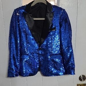 Boyland Boy's Sequined Jacket Blue/Black Lapels Pockets Holidays Sz 160cm/8? EUC